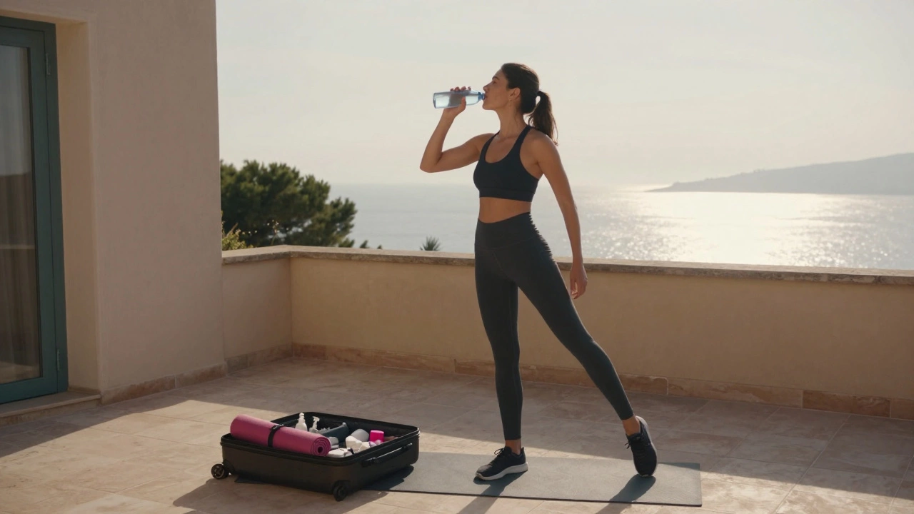 A confident woman stretches on a villa terrace at sunrise, surrounded by wellness items and ocean views.