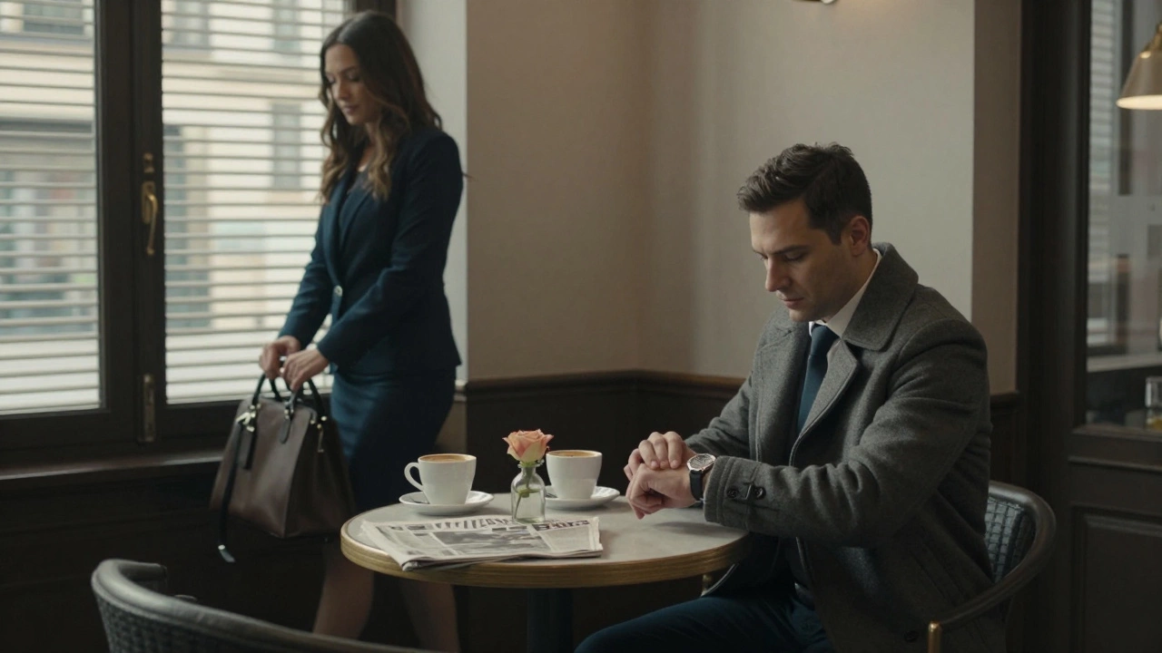 A professional meeting at a quiet café, two people seated across from each other, no physical contact, calm and reserved demeanor.