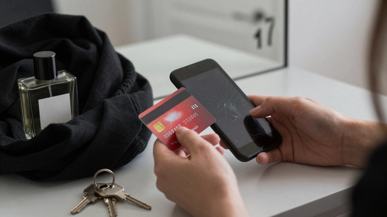 Hands holding a prepaid card and burner phone, surrounded by anonymous personal items, no faces visible, emphasis on discretion.