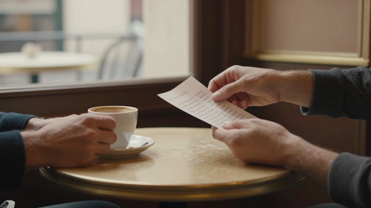 Two hands meeting across a café table in Paris, one holding coffee, the other offering a note.